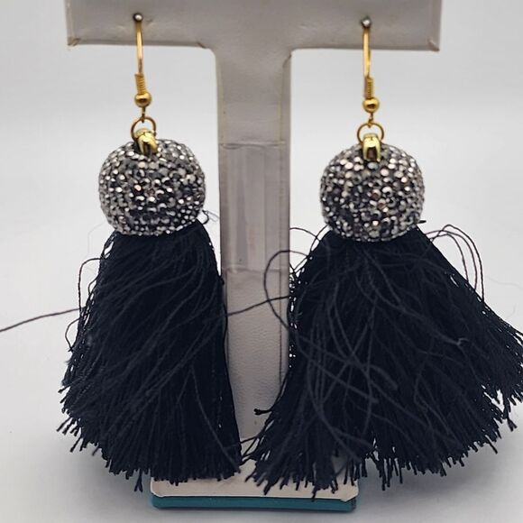 NWOT Molly Phillips Jacqueline Black Tassel & Rhinestone Earrings - Picture 3 of 3